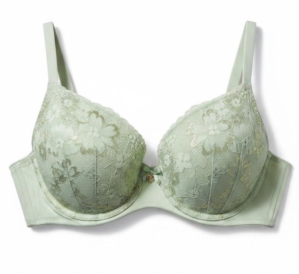 Victoria Secret Pushup Bra 36C Misty Green Pistachio Gold Metallic Lace Demi